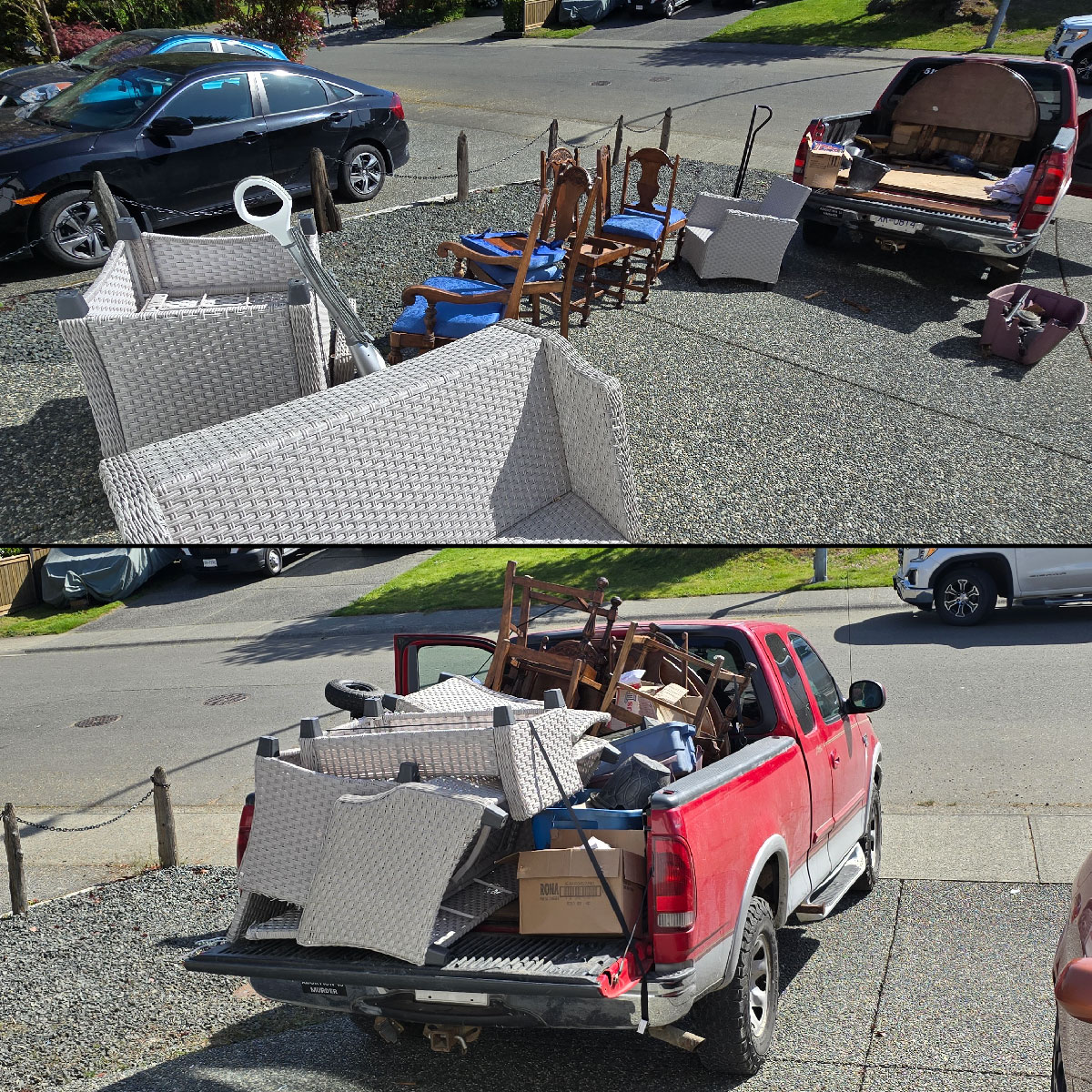 Before and after driveway junk pickup with patio furniture, chairs, boxes, and mixed junk loaded for removal in Nanaimo.
